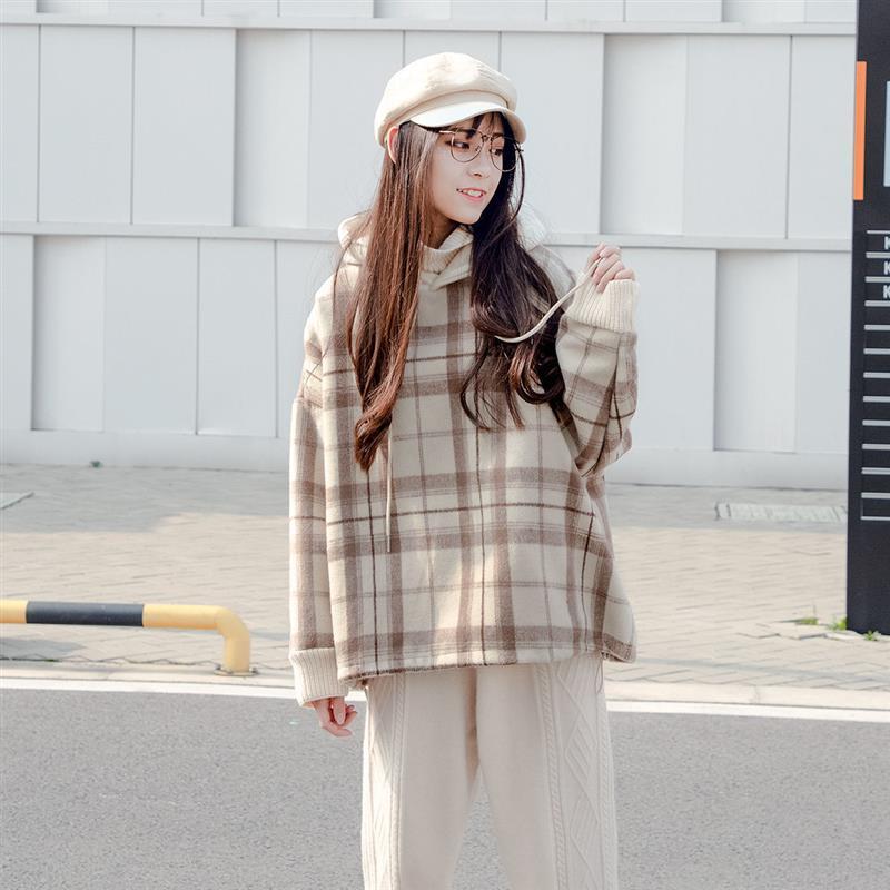 假两件格子加绒加厚卫衣女学生韩版宽松ins冬季小个子外套高领潮
