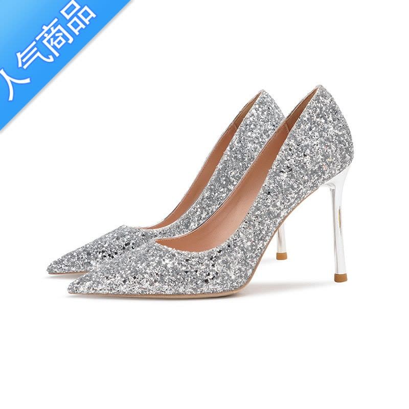 SUNTEK2023年新款秀禾主婚纱单鞋新娘水晶配晚礼服细跟婚鞋尖头高跟鞋女图片