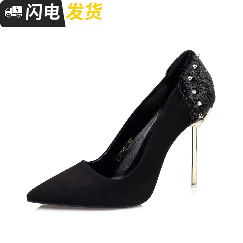 欧美气质单鞋女2022秋季新款细跟高跟鞋黑色百搭尖头铆钉浅口女鞋启如休闲鞋