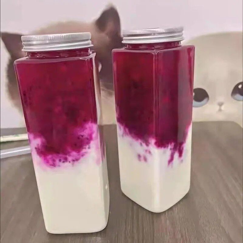 儵忽 网红一次性塑料方形奶茶果汁饮料瓶 650毫升长方瓶+密封盖+吸管 50套高清大图