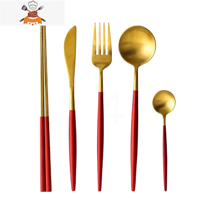 筷网红ins风西餐餐具套装情侣四件套家用牛排刀叉敬平红金全系列5件套