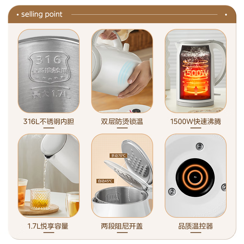 美的(Midea) SH17M301-Pro 电水壶热水壶316L不锈钢一体无缝烧水壶开水壶 1.7L高清大图