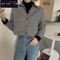 广赫崇洛鹿千鸟格衬衫女设计感小众秋冬复古黑白格纹宽松外穿内搭衬衣衬衫