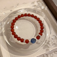 为晚天然红玛瑙蓝晶石水晶手串女款双层叠戴纯银手链学生党高颜值 红玛瑙蓝晶石手串
