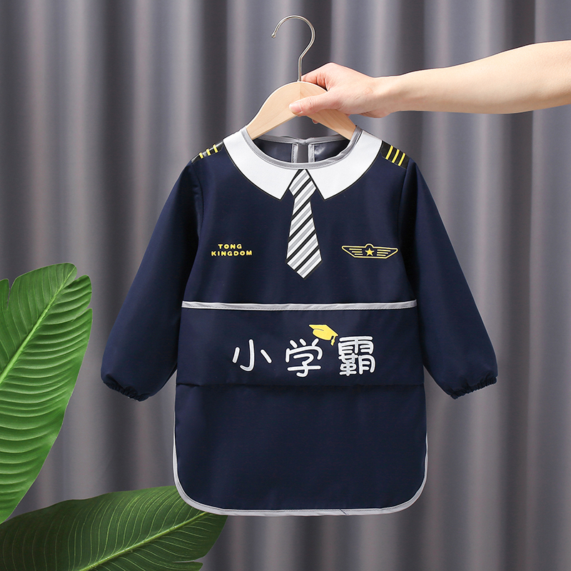 宝宝吃饭罩衣儿童围兜围裙反穿饭兜防水防脏画画长袖外穿秋冬饭衣 小学霸藏蓝 90[建议0-2岁]