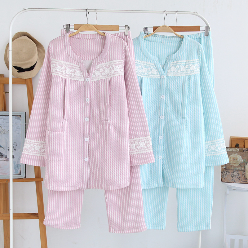 秋冬新款纯棉空气层蕾丝透气孕妇哺乳衣 睡衣家居服套装月子服