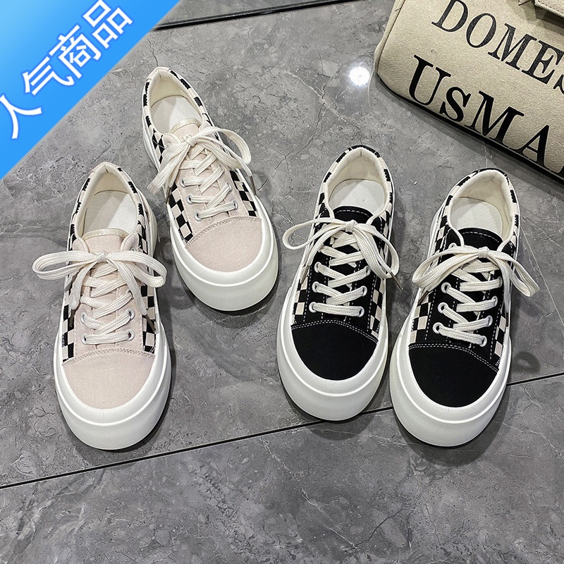 SUNTEK帆布鞋女夏春薄款透气潮鞋ins2023春新款小众棋盘板鞋百搭小白鞋高清大图