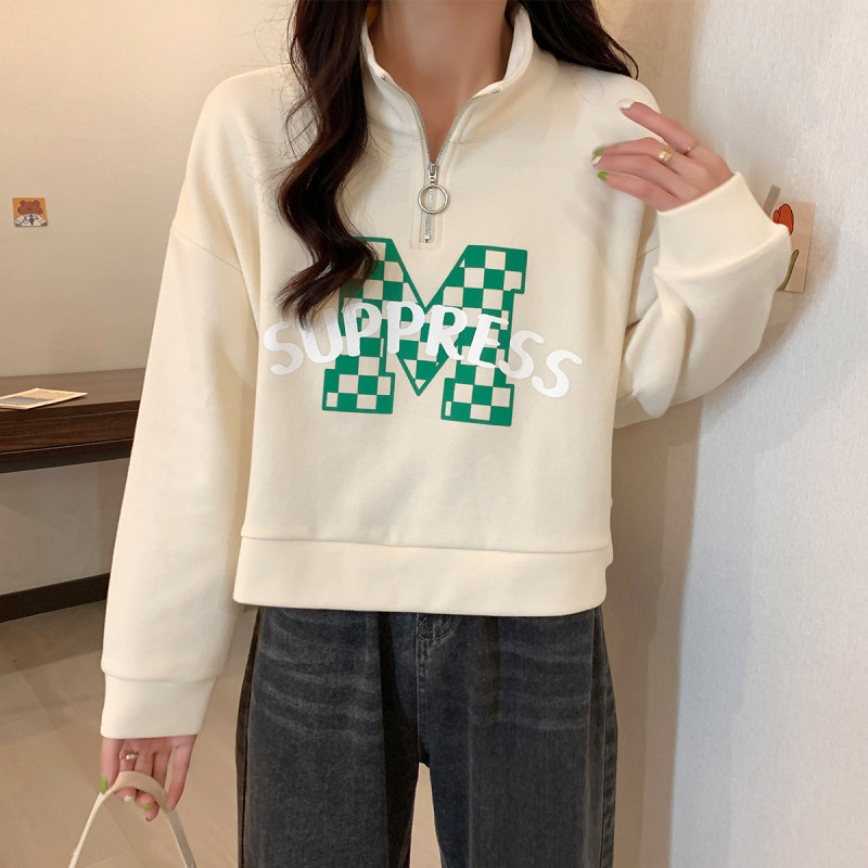 唐狮卫衣女春装新款韩版宽松polo领棋盘格字母印花上衣潮