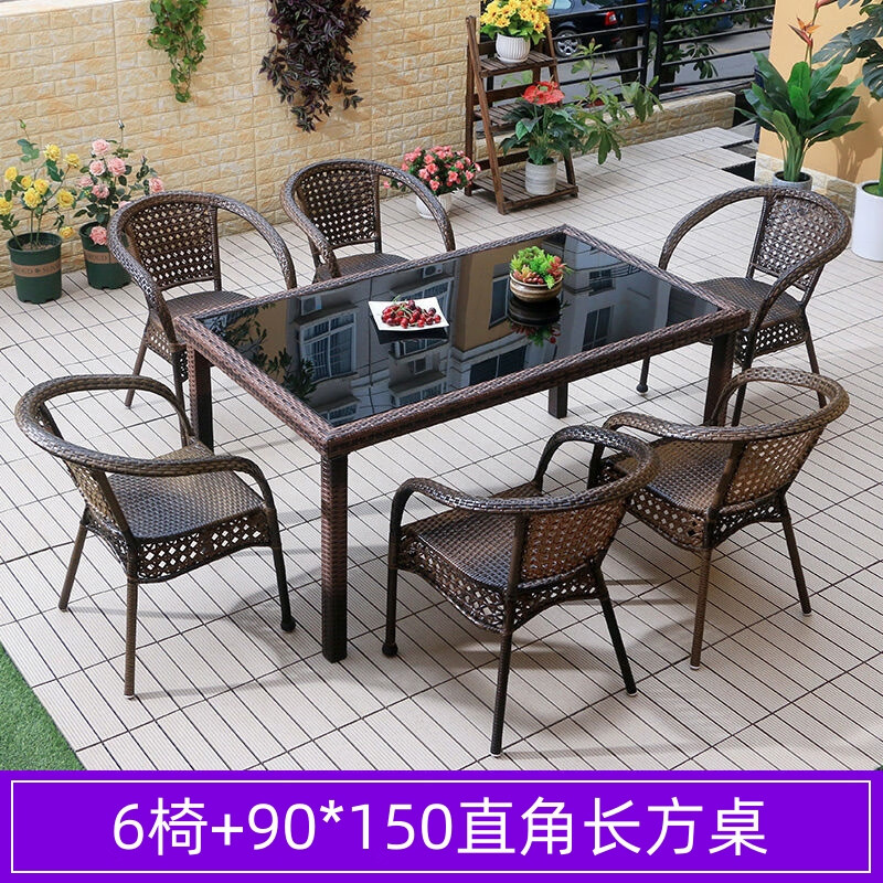 晋舰藤椅阳台桌椅室外庭院藤编椅子花园茶几藤椅组合6椅+90*150直角桌高清大图