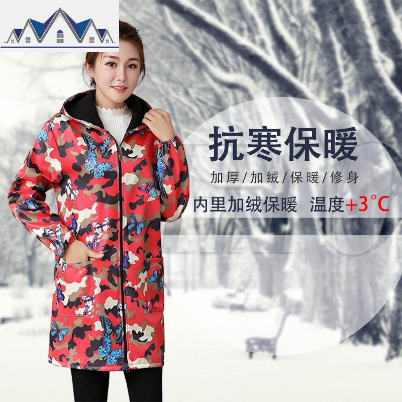 加绒羽绒服罩衣成人男女士冬季防水厨房长袖防油工作服韩版女围裙 三维工匠高清大图