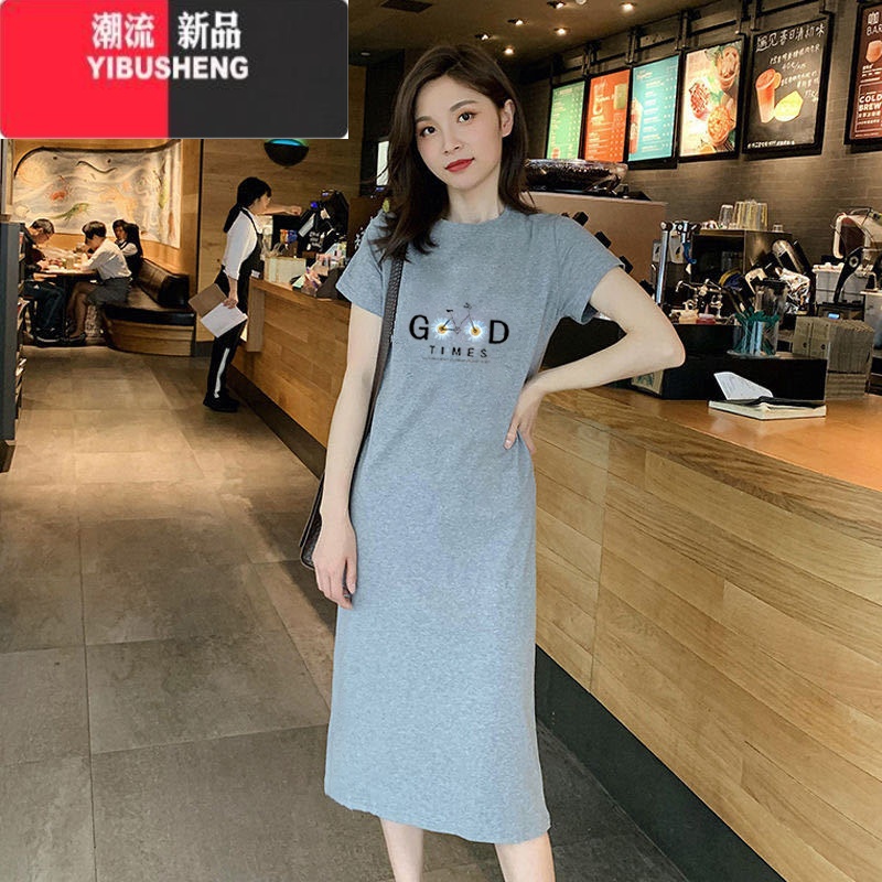 YIBUSHENG休闲黑色连衣裙女2024季新款韩版宽松显瘦减龄中长款短袖t恤裙高清大图
