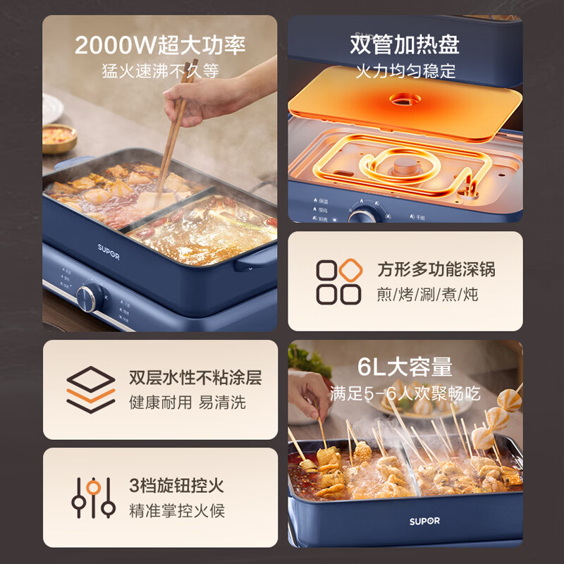 苏泊尔(SUPOR)6L鸳鸯电火锅 炖煮涮焗 2000W大火力3档调节可分离锅身不粘电火锅H3724FKX71Y高清大图