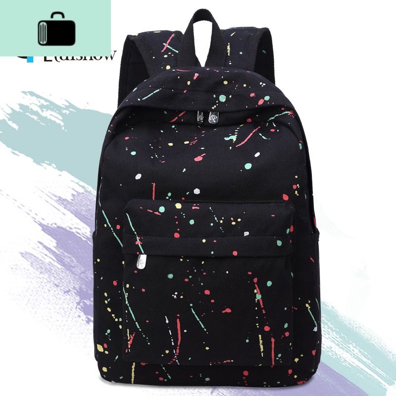 韩版校园双肩包女帆布原宿高初中学生森系小清新印花背包NEWLAKE 黑色泼墨