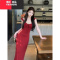 YIBUSHENG酒红色系带荷叶边吊带连衣裙女季纯欲风性感中长款收腰a字裙子