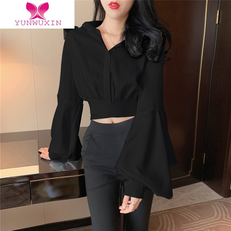 YUNWUXIN小心机性感黑色衬衫女设计感小众上衣2022早秋新款百搭洋气衬衣潮