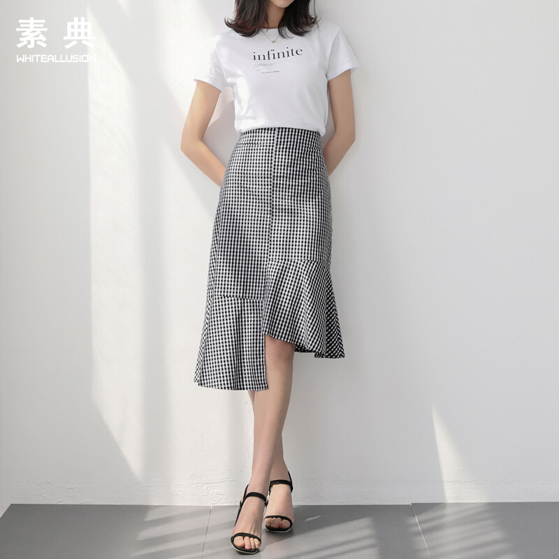 2018春夏装新款女装韩范文艺格子鱼尾裙不规则半身裙复古中长裙子黑白格