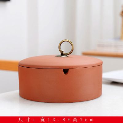 大号烟灰缸创意个性陶瓷烟缸复古中式家用客厅办公室防风烟灰缸 朱泥烟灰缸(纯白身)有盖
