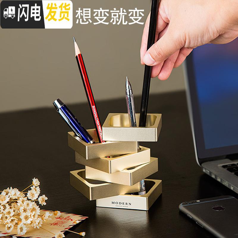 三维工匠办公室多功能铝合金笔筒学生桌面金属摆件创意收纳笔座 银色圆款高清大图