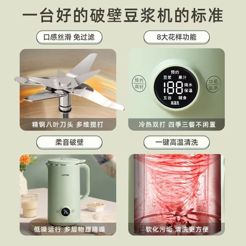 LOTOR豆浆机破壁机家用小型豆浆机迷你多功能全自动免洗免滤加热1-2人3食辅食料理机