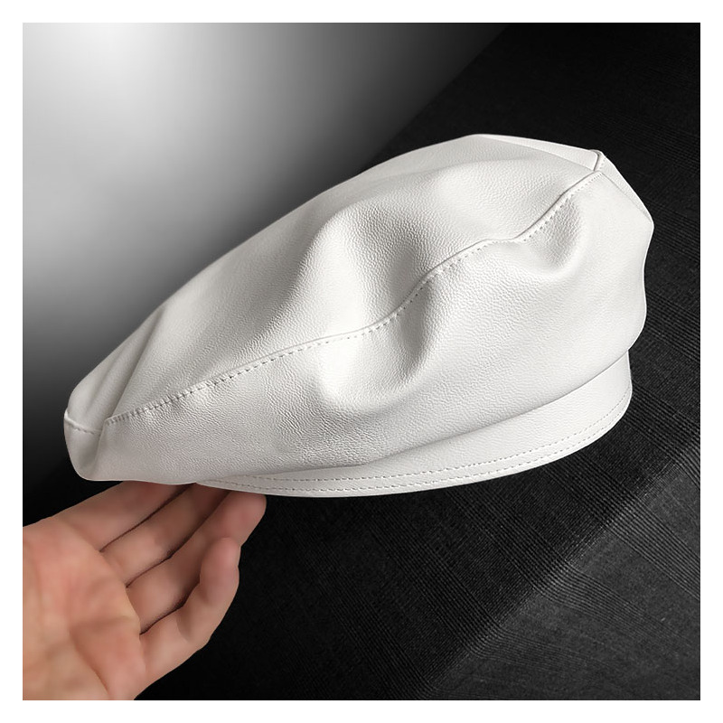 盛世尼曼女纯白色皮画家帽时尚百搭贝雷帽欧美pu全皮白色复古网红款