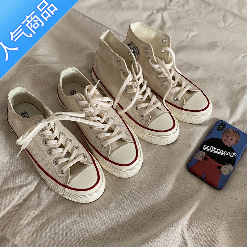 SUNTEK 韩国ins街拍万年经典百搭复古复刻米色高帮帆布鞋女高清大图