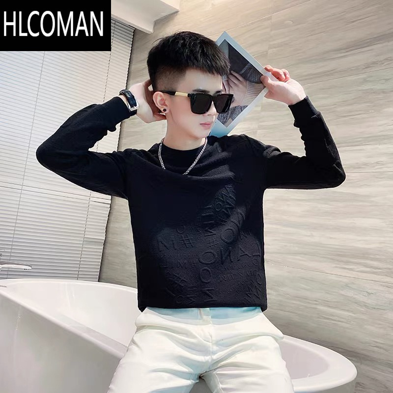 HLCOMAN圆领卫衣男新款潮牌ins字母浮雕修身休闲长袖t恤套头个性外套