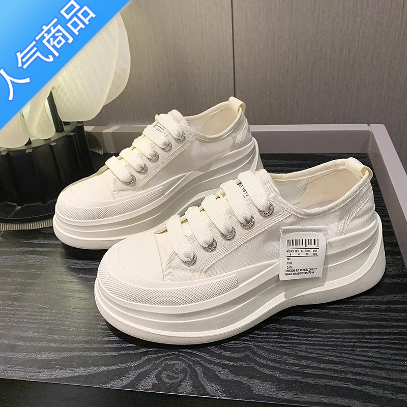 SUNTEK厚底帆布鞋女2023夏冰丝网面透气小白鞋百搭网红运动休闲板鞋 米白色 38