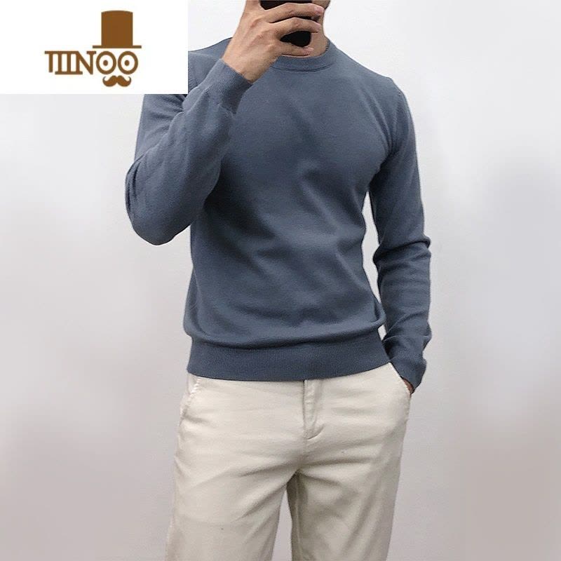 YANXU纯色薄款圆领打底针织衫男韩版修身套头毛衣内搭线衫男士上衣图片