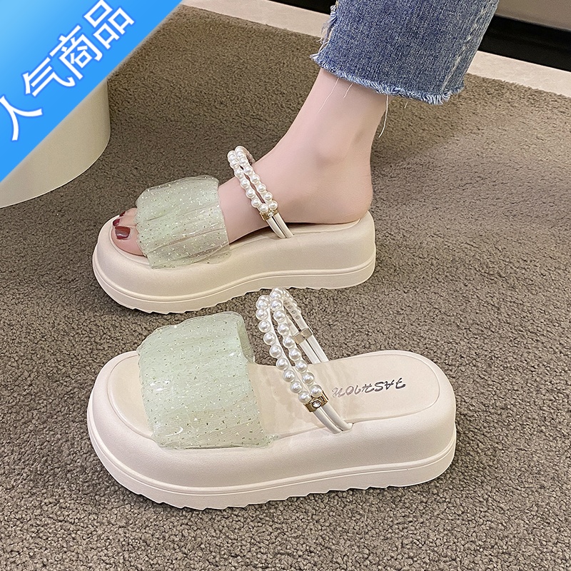 SUNTEK厚底凉鞋女2023新款夏季今年时尚仙女风两穿沙滩罗马运动拖鞋34码 绿色 38