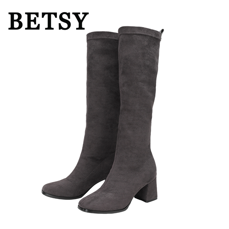 BETSY 羊京布绒面高跟长筒靴子高筒女靴圆头粗跟方跟防水台弹力靴女鞋秋冬街头性感潮流