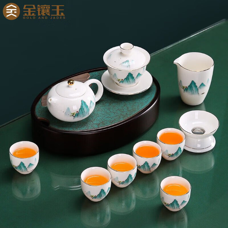 金镶玉 碧水舟行羊脂玉瓷描金套组 功夫茶具套装 陶瓷白瓷泡茶壶盖碗公道杯茶杯礼盒装
