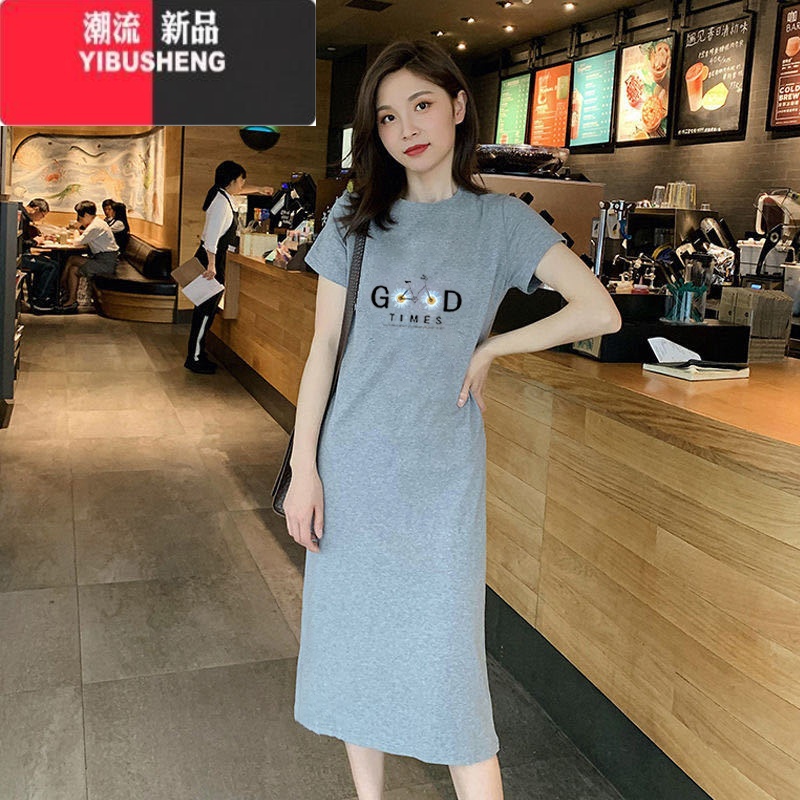 YIBUSHENG休闲黑色连衣裙女2024季新款韩版宽松显瘦减龄中长款短袖t恤裙高清大图