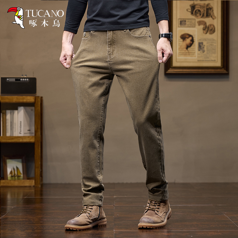 啄木鸟男士黄色牛仔裤春秋款直筒修身弹力宽松2025新款休闲裤子裤高清大图