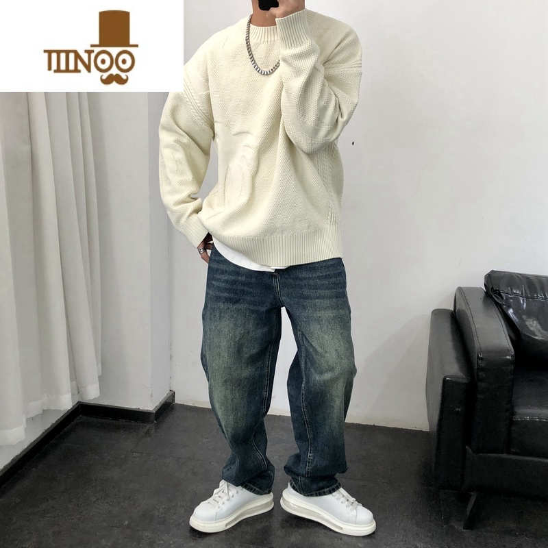 YANXU粗线针织毛衣男2023新款简约帅气宽松圆领慵懒风情侣线衫卫衣高清大图