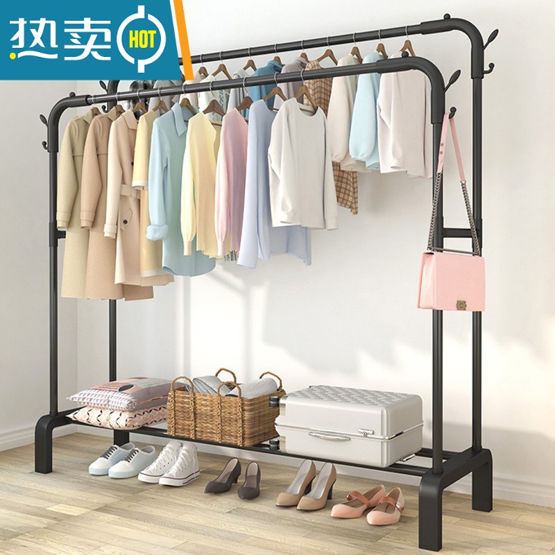 敬平衣帽架简易晾衣架落地室内家用卧室双杆式挂衣架子阳台衣服收纳架 110cm黑|双衣帽钩★特粗加厚高清大图