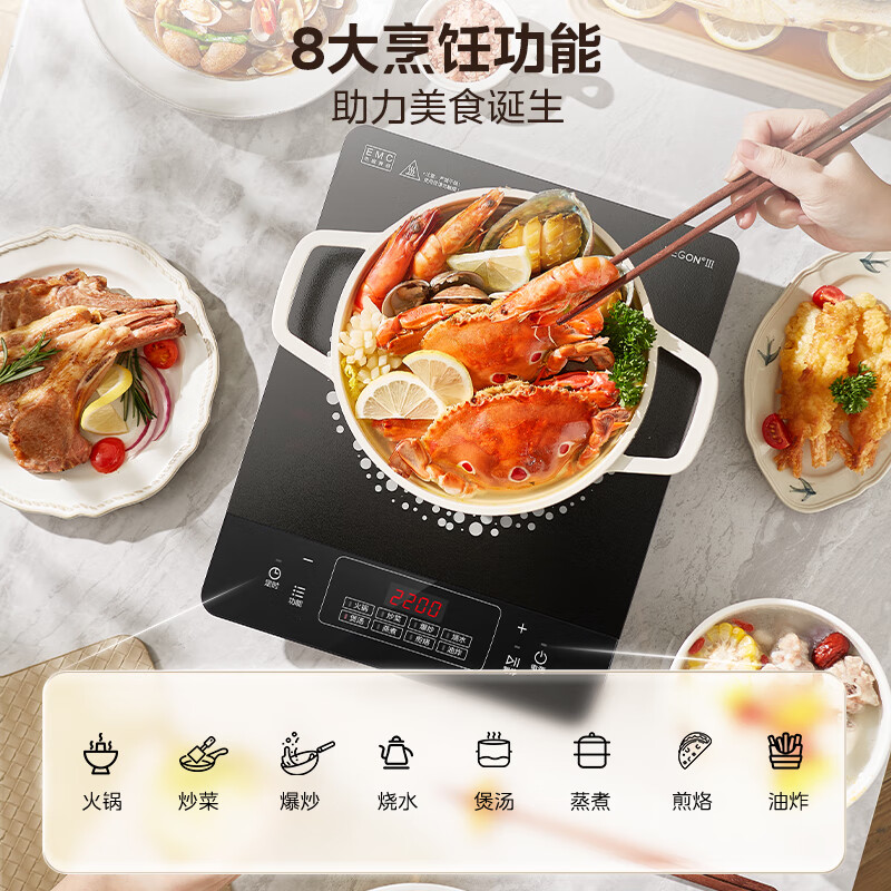 美的(Midea)电磁炉电陶炉 2200W大功率家用猛火爆炒耐用面板八档火力纤薄电磁灶火锅炉C22-RT22E01