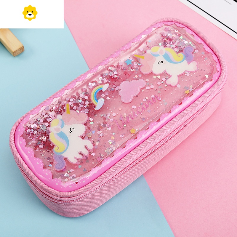 流沙笔袋独角兽抖音多功能动漫印花铅笔盒小女孩礼品多层大容量文具盒