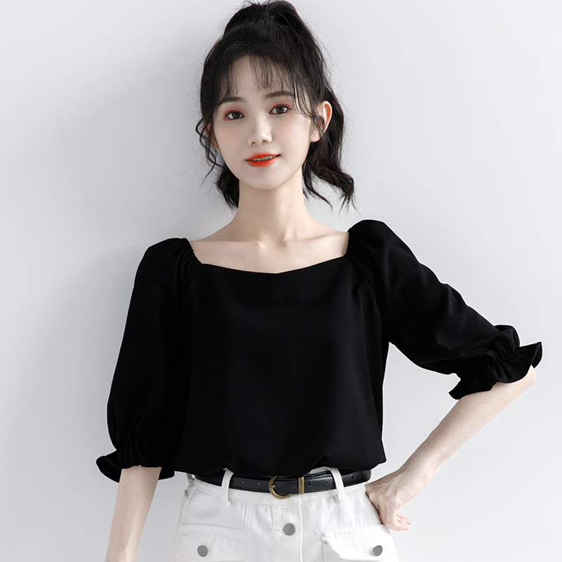 2021新款法式泡泡袖露锁骨方领短款上衣女夏简约百搭显瘦黑色短袖 黑色 S
