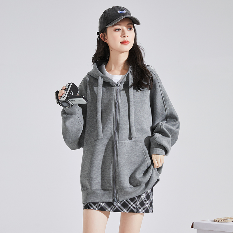 唐狮2024初秋外套女新款休闲宽松灰色卫衣连帽春秋上衣韩版_726147 XL 深麻灰/无绒款双头拉链