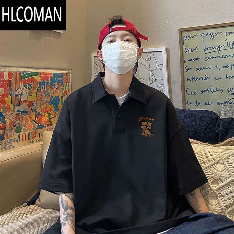 HLCOMAN深灰色翻领polo衫男春季港风宽松短袖t恤简约百搭青少年半袖上衣