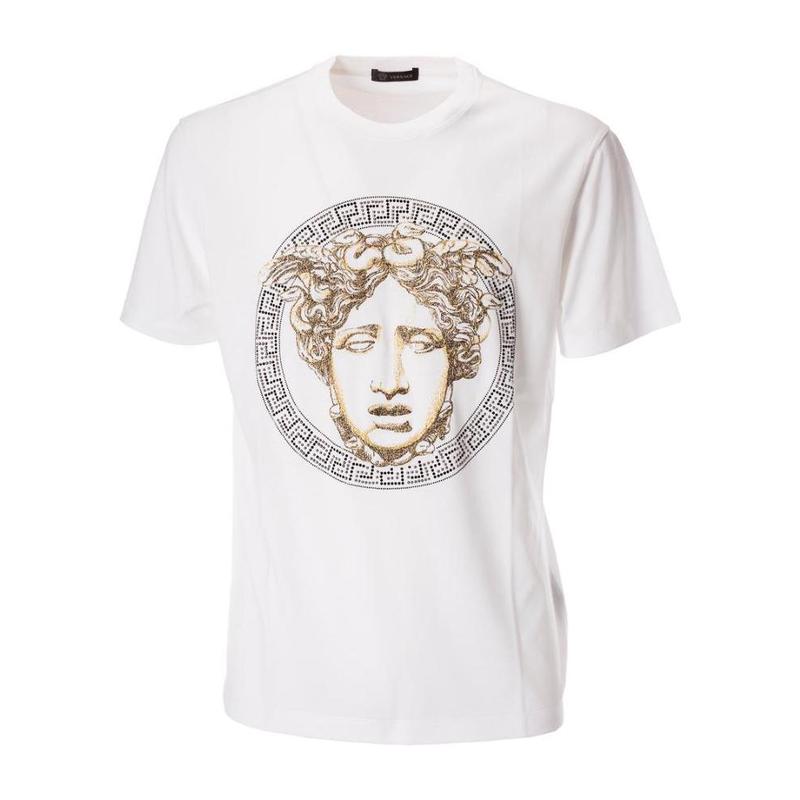 Versace男士白色短袖印花T恤 经典平直下摆舒适百搭款式