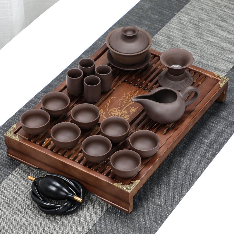 苏氏陶瓷家用功夫茶具套装 客厅实木茶盘紫砂小茶台一体现代简约