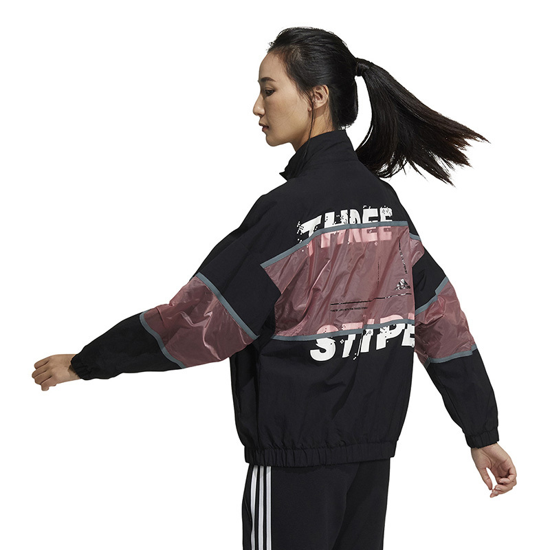 adidas W Word Wv Jkt 字母印花拼色梭织夹克外套 女款 黑色 GK8648
