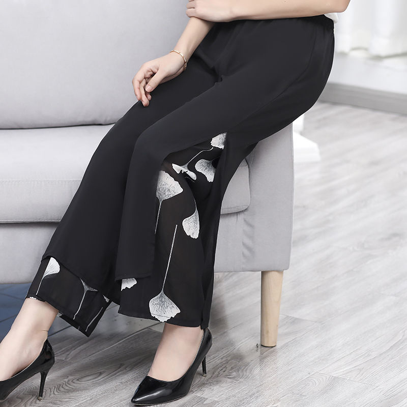 美帛妈妈装阔腿裤雪纺宽松大码裙裤中年女装松紧高腰中老年裤子薄