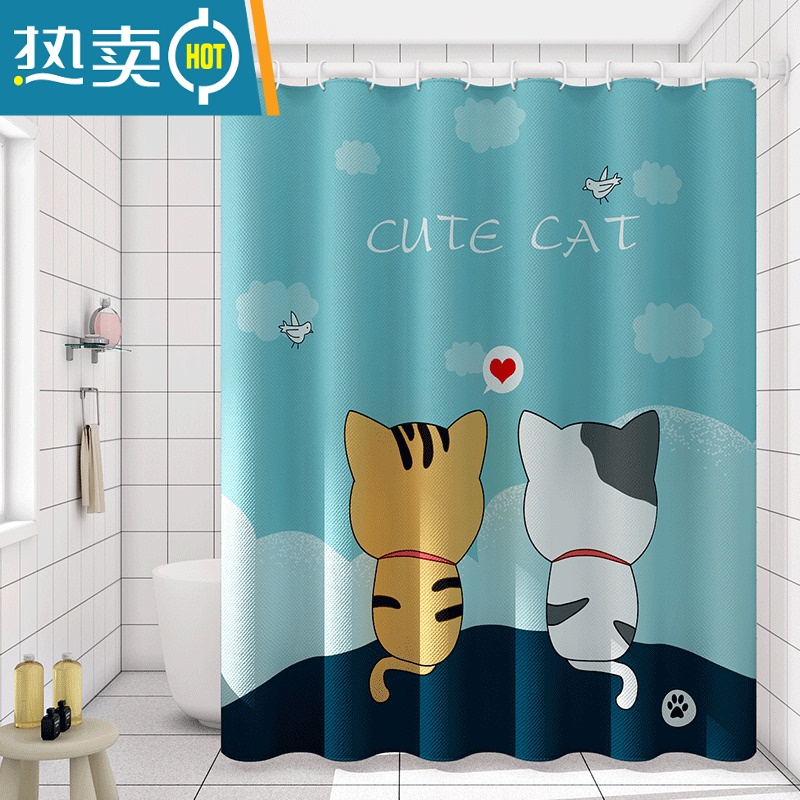 敬平加厚防水浴帘布卫生间浴帘套装免打孔浴室隔断帘防水帘门帘子 爱情猫 单浴帘(适用墙宽160-190cm)宽200*高200+环+