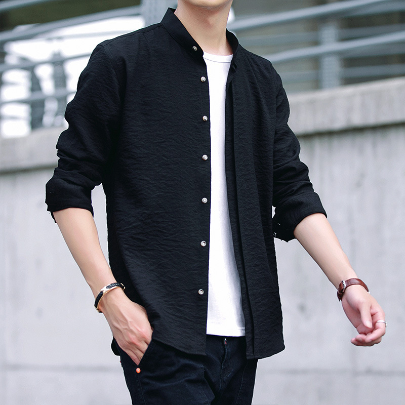 啄木鸟小立领抗皱易打理衬衫男士四季中山装青年圆领中式占领衬衣高清大图