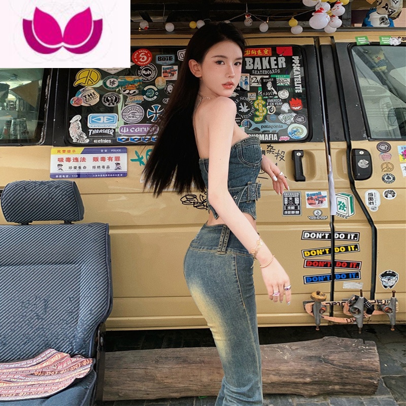 七斓炸街辣妹套装女夏季新款设计感短款牛仔上衣高腰喇叭牛仔裤套