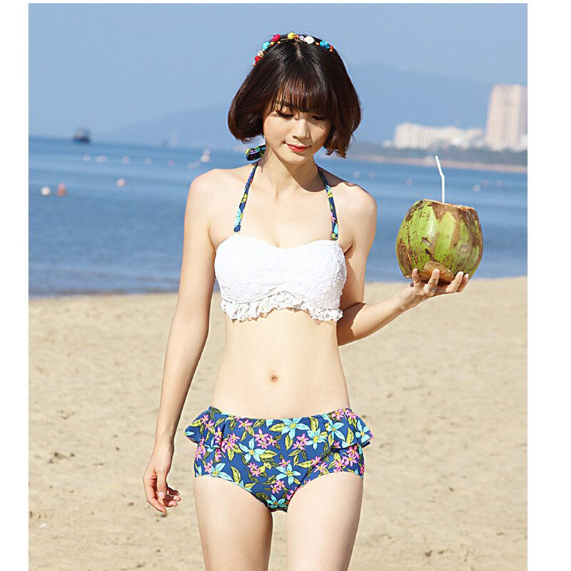 分体泳衣女新款小胸聚拢蕾丝罩衫比基尼泳装