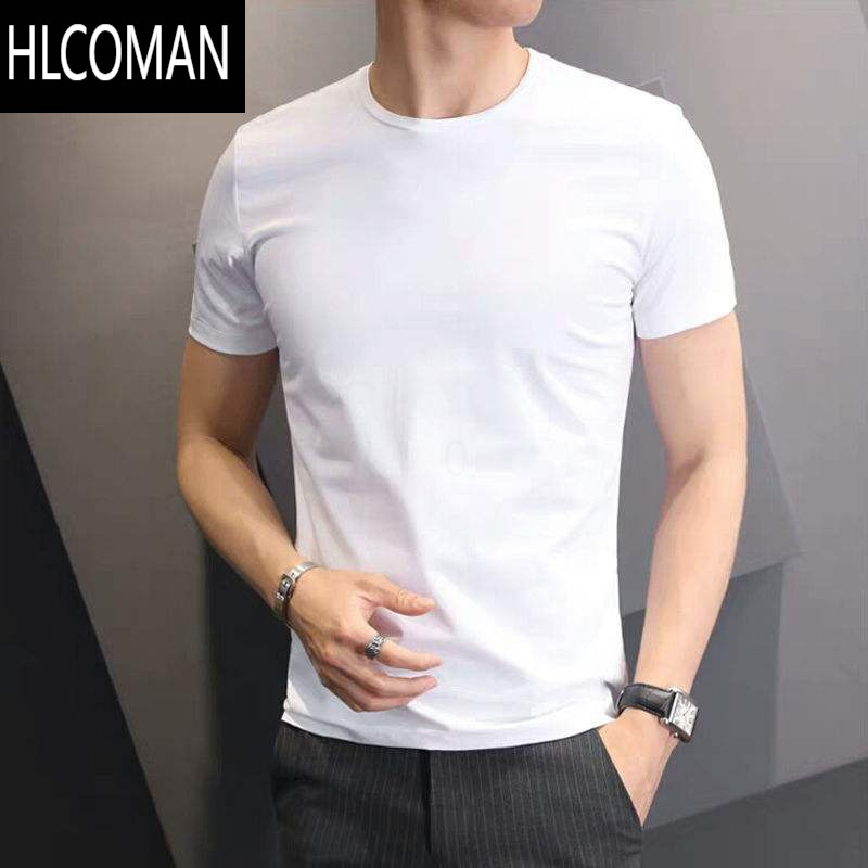HLCOMAN纯白色短袖t恤男士半袖纯色打底衫冰丝健身修身体恤社会紧身衣服