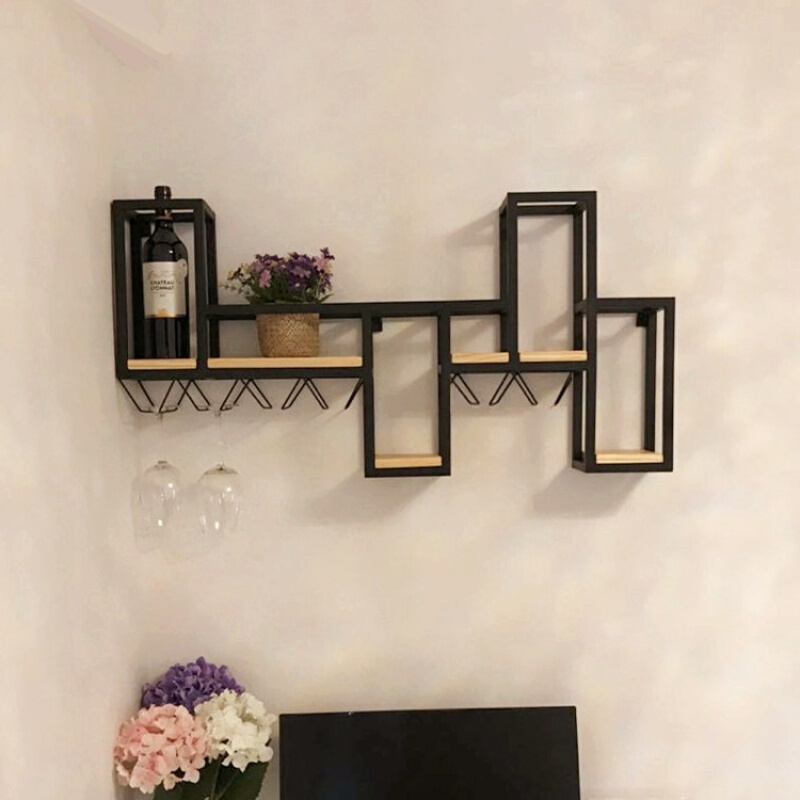 北欧实木铁艺壁挂酒架红酒架创意悬挂葡萄酒展示架酒杯架书置物架波迷娜BOMINA 长95*宽15*高48CM加吊杯架